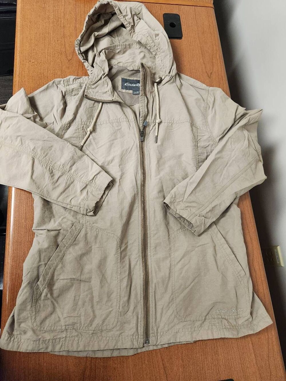 Eddie Bauer Hooded Nylon Full Zip Beige Jacket with Adjustable Waist Size XL
